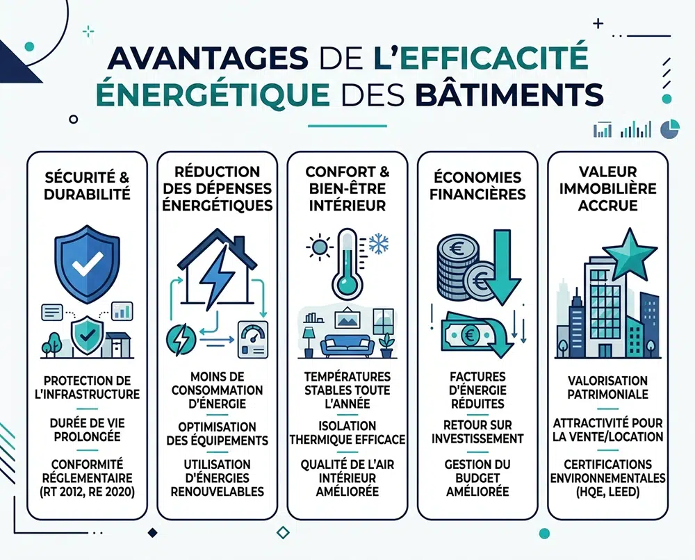 Infographie des 5 bénéfices d'une étude thermique : conformité RE2020, performance énergétique, confort thermique des occupants, réduction des charges, valorisation du patrimoine