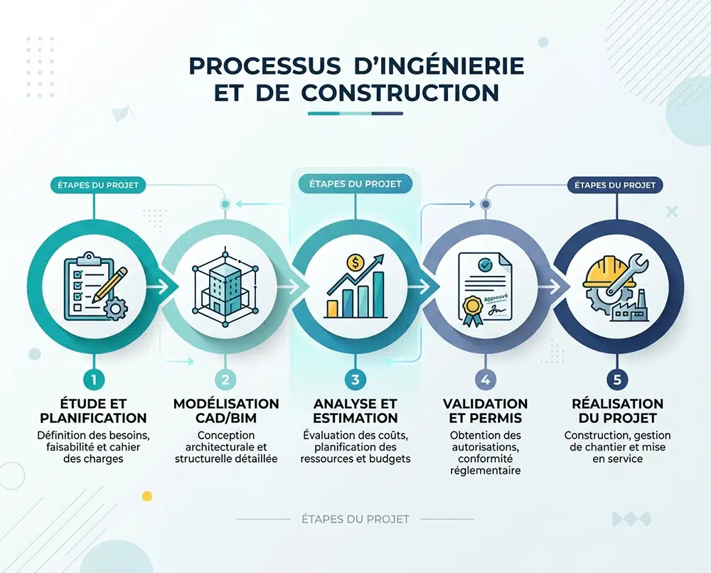 Schéma des 5 étapes de la méthodologie Nodelya : cadrage, modélisation thermique, analyse comparative, livrables réglementaires, suivi chantier
