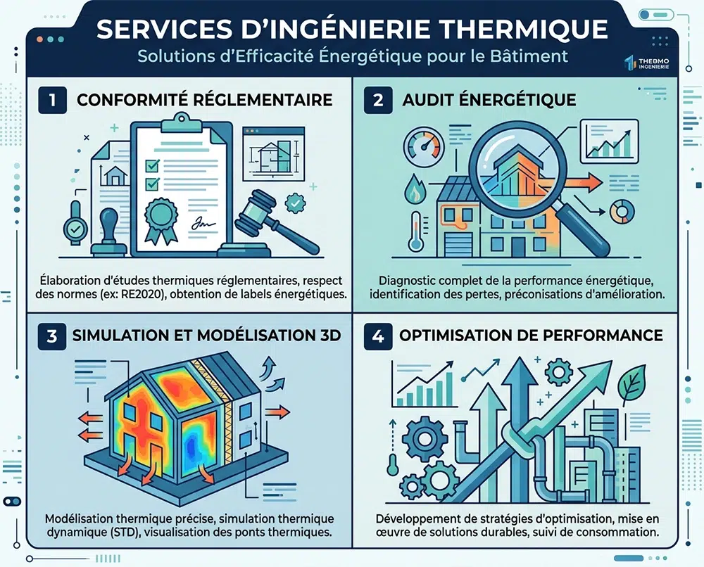 Schéma des 4 prestations de Nodelya : étude thermique réglementaire RE2020, audit énergétique, simulation thermique dynamique et optimisation énergétique bâtiment