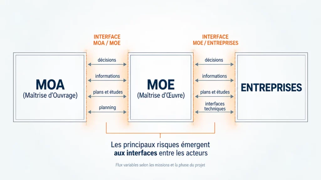 Schéma des interfaces entre MOA, MOE et entreprises sur un chantier
