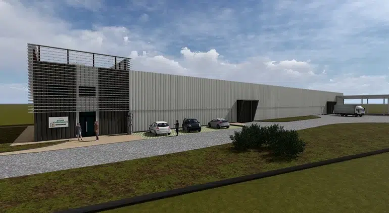 Perspective du futur bâtiment industriel pour Reims Emballage dont la MOEx et l'OPC sont assurées par Nodelya