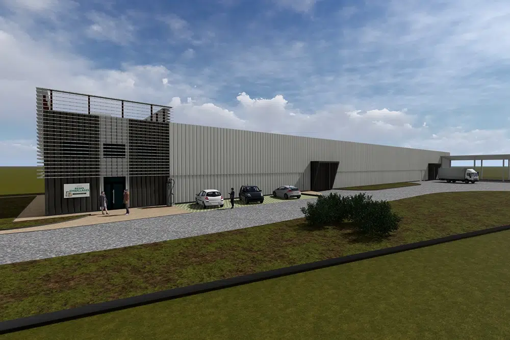 Perspective du futur bâtiment industriel pour Reims Emballage dont la MOEx et l'OPC sont assurées par Nodelya