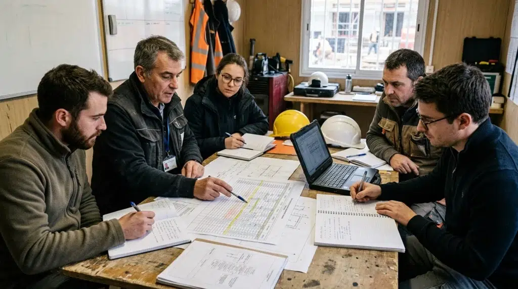 Réunion de chantier pour coordonner les entreprises et suivre les décisions